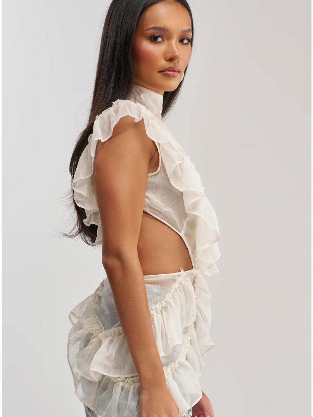 AKIRA Sheer Ruffle Chiffon Mock Neck Blouse - 1X White